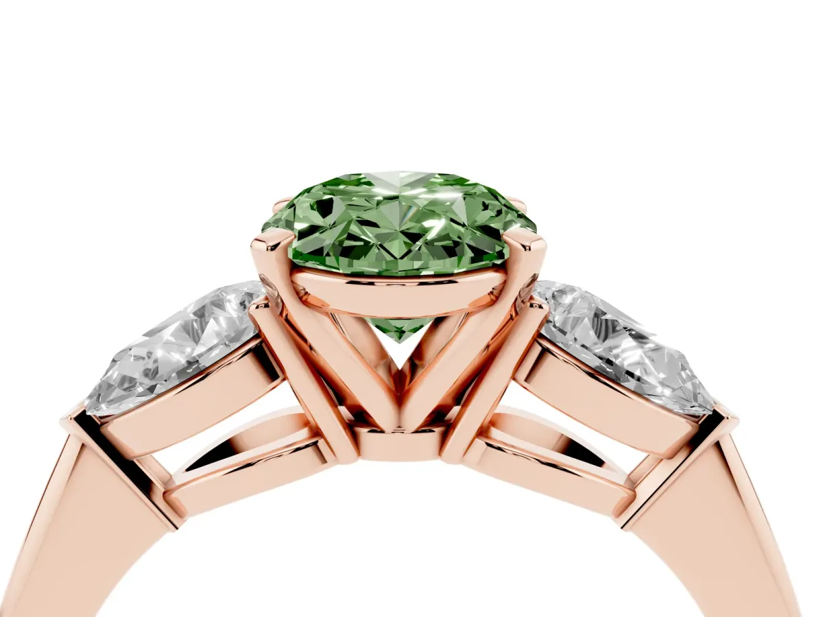 Fancy Green Three-Stone Oval Cut Diamond Ring with Pear Side Stones and Four-Prong Setting Rose gold
