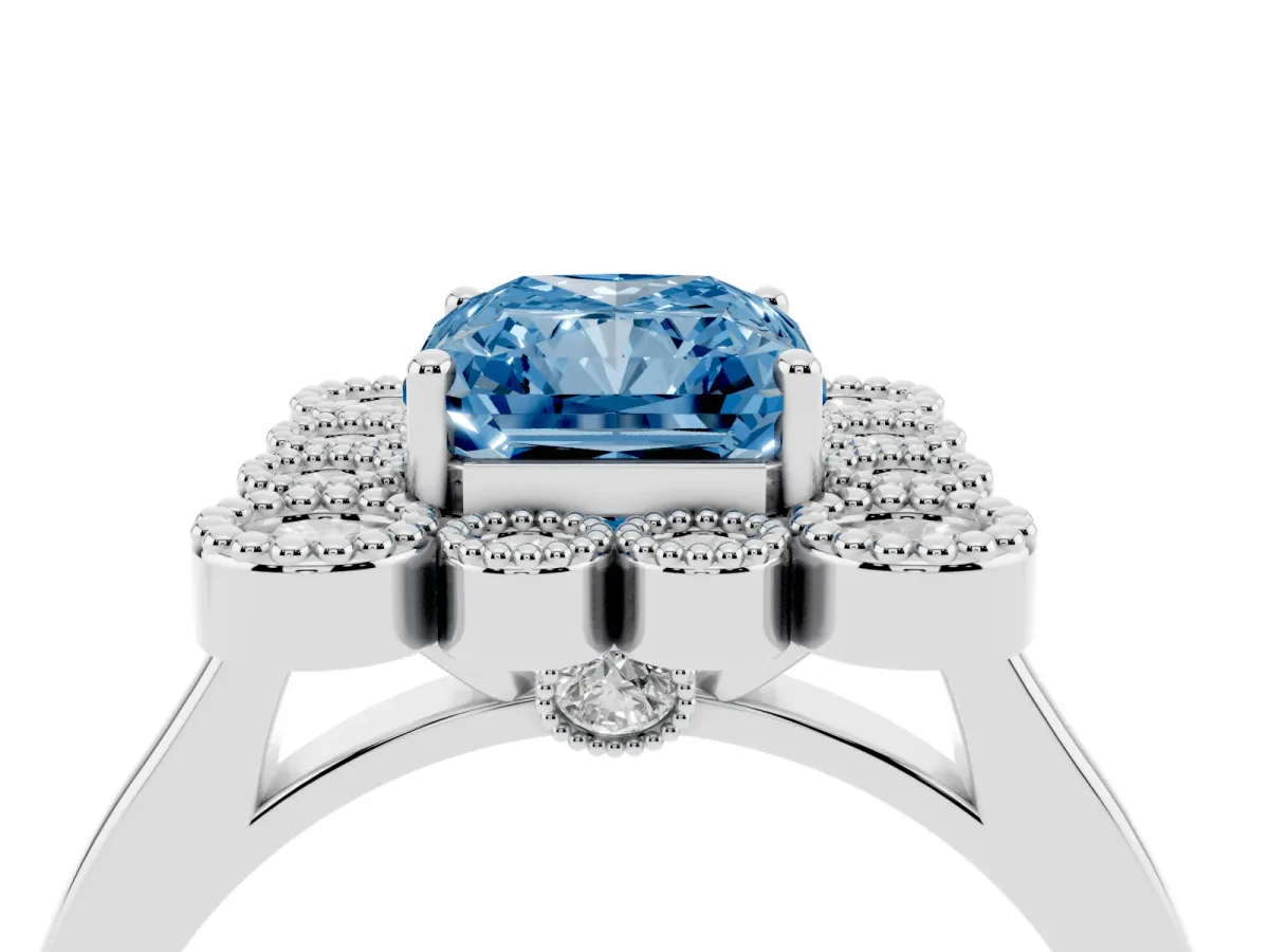 Fancy Blue Radiant Cut Halo Diamond Cluster Engagement Ring with Milgrain Bezel Setting and Solitaire Band Silver