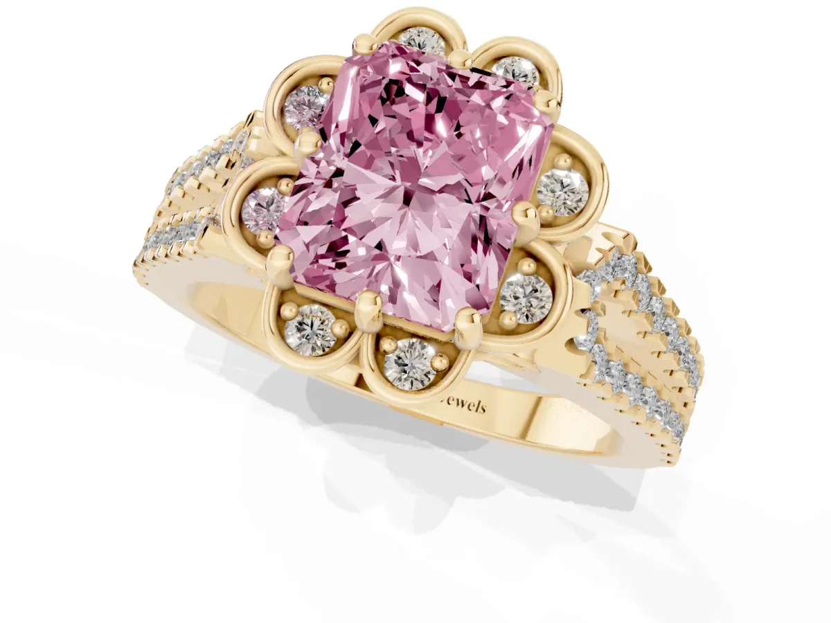 Fancy Pink Radiant Cut Halo Diamond Floral Split Shank Engagement Ring Yellow gold