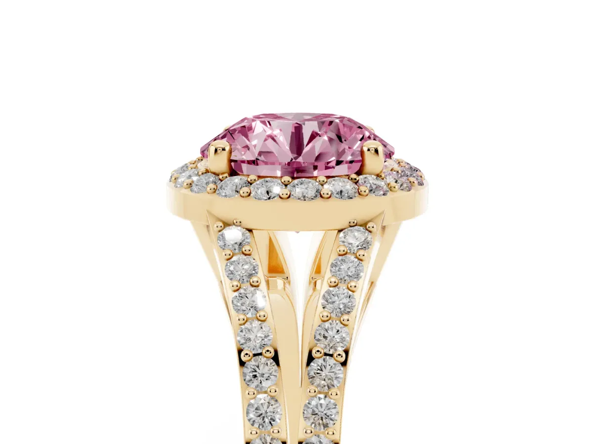 Fancy Pink Round Cut Halo Split Shank Pave Diamond Ring with Four-Prong Setting Yellow gold