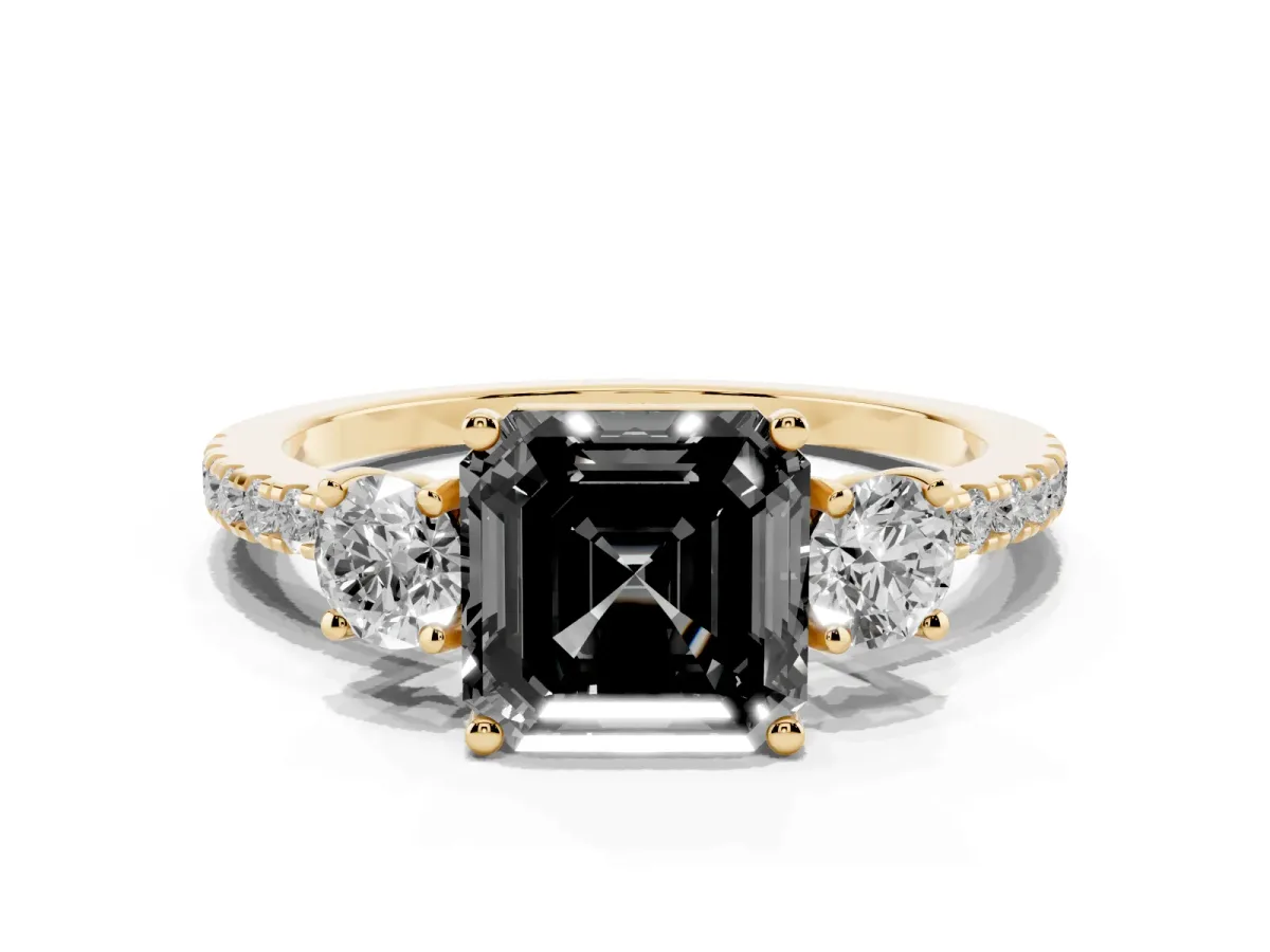 Fancy Black Three-Stone Asscher Cut Cut Diamond Pavé Band with Prong Setting Yellow gold