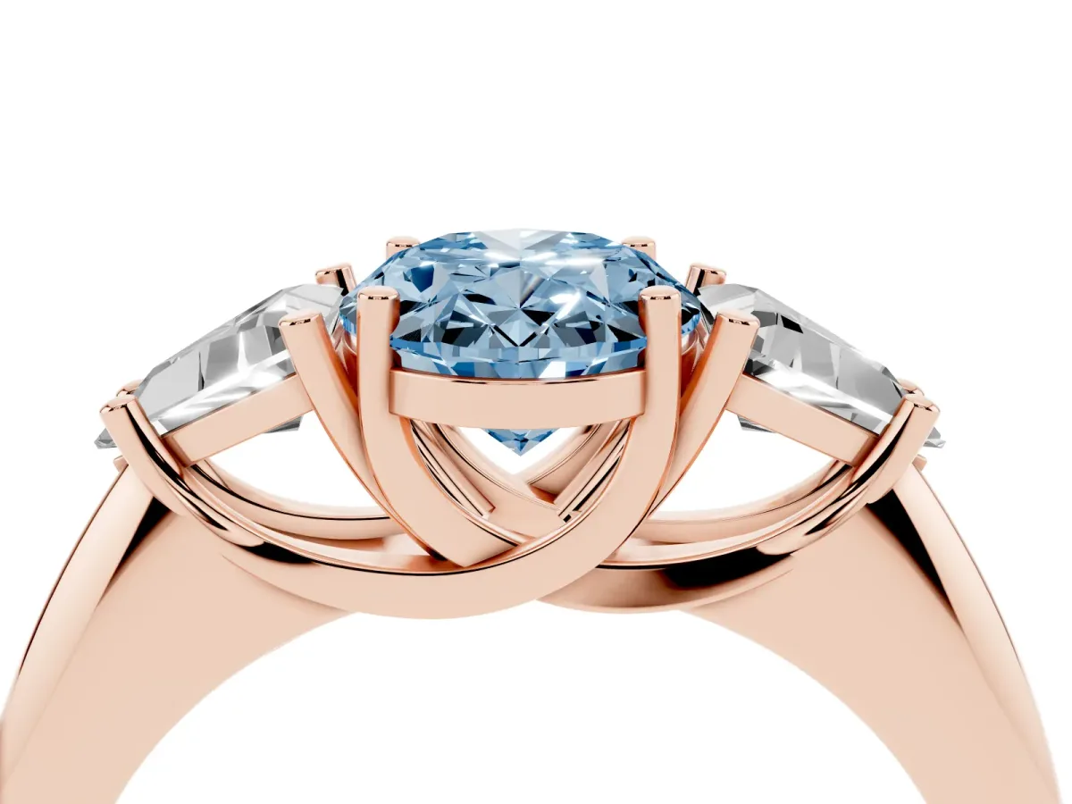 Fancy Blue Three-Stone Oval Cut Diamond Engagement Ring with Trillion Side Stones and Prong Setting Rose gold
