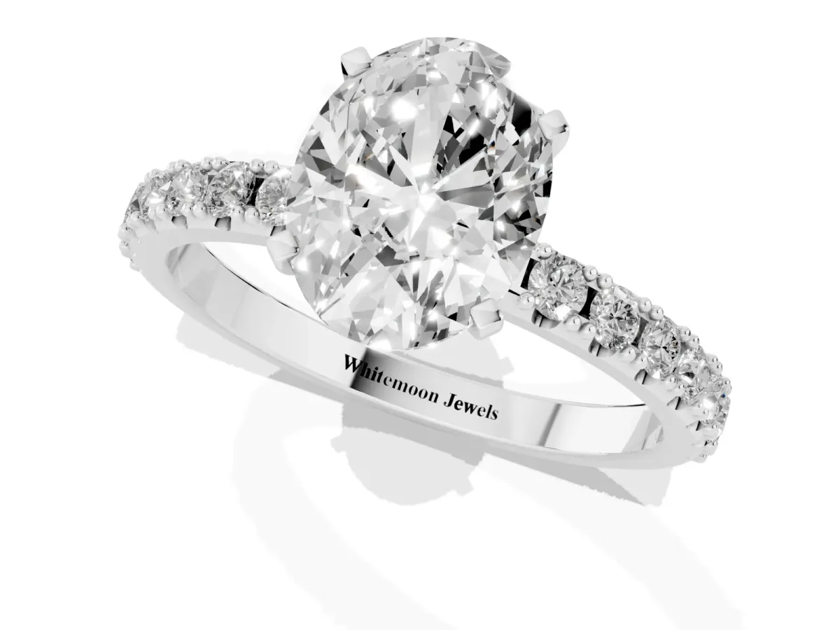 Oval Cut Diamond Solitaire Pavé Band with Four-Prong Setting Silver