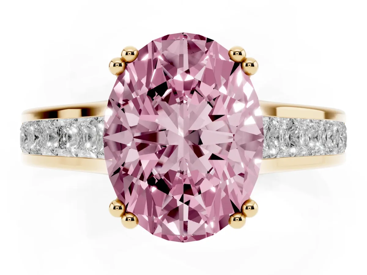 Fancy Pink Oval Cut Cut Channel Set Solitaire Engagement Ring with Prong Setting Yellow gold
