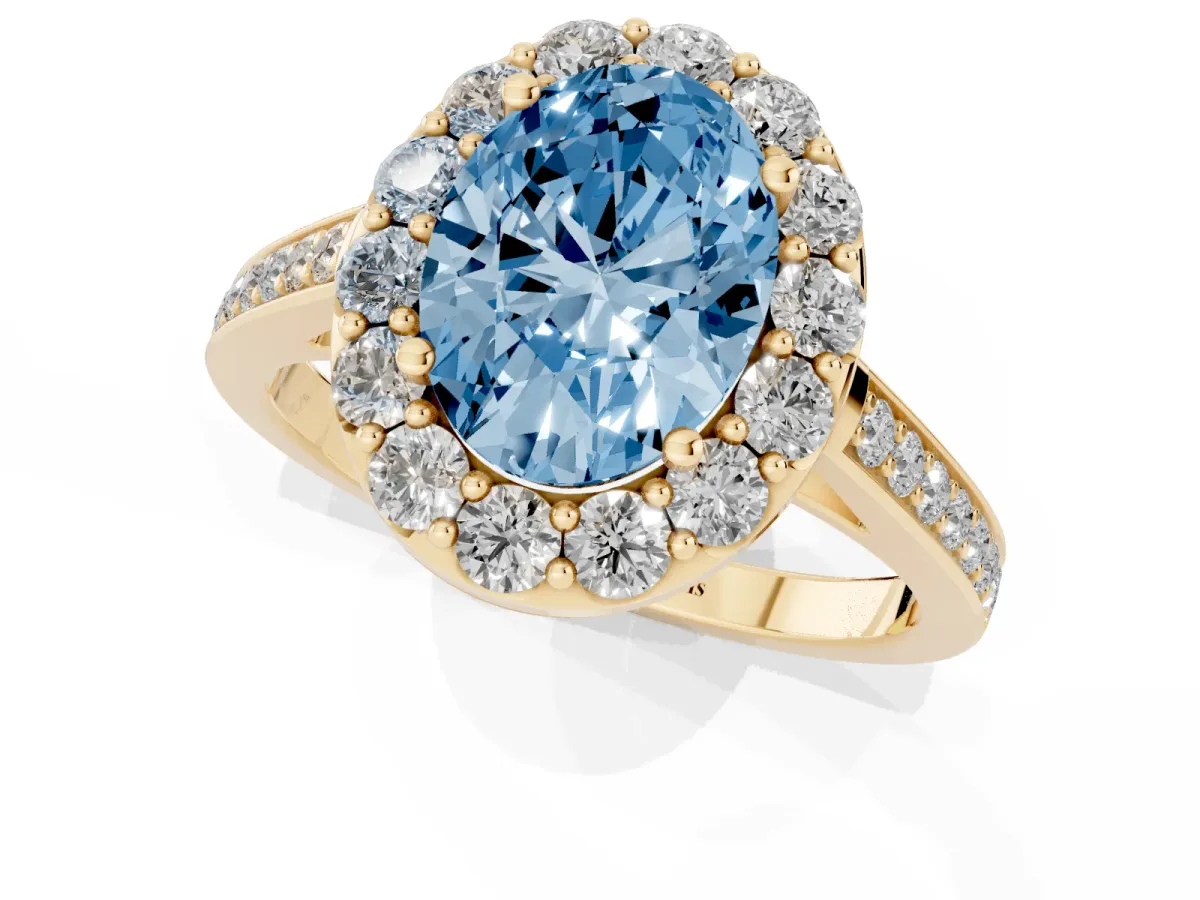 Fancy Blue Oval Cut Diamond Floral Halo Ring with Pavé Band and Prong Setting Yellow gold