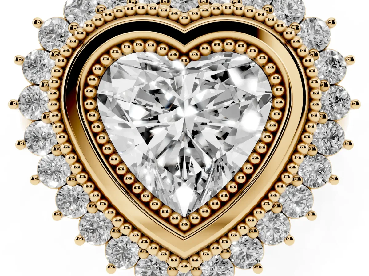 Heart Cut Halo Diamond Ring with Milgrain Edge and Round Prong Setting Yellow gold