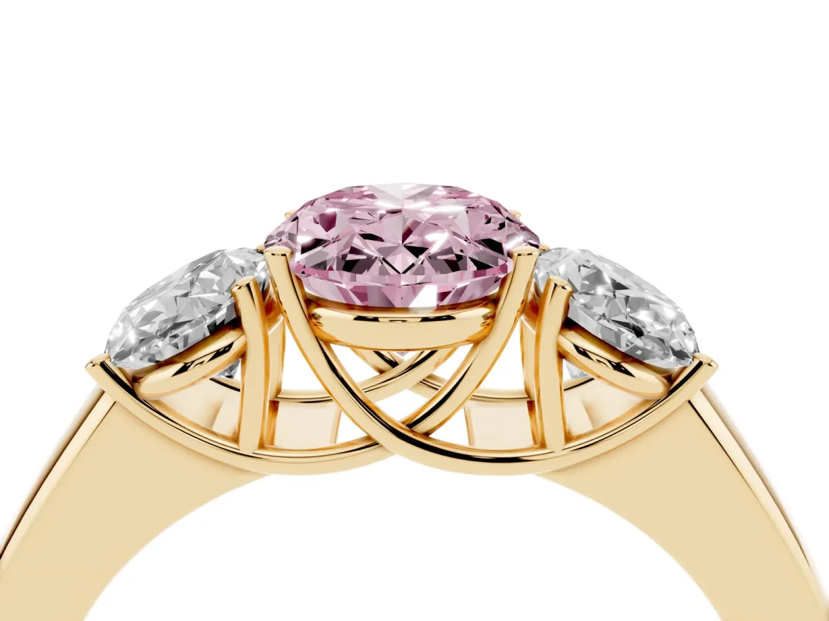Fancy Pink Three-Stone Oval Cut Cut Diamond Ring with Prong Setting and Classic Band Yellow gold