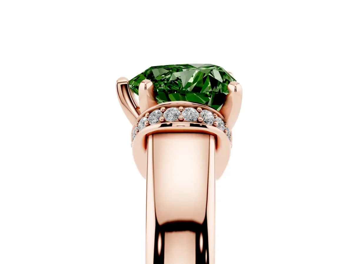 Fancy Green Heart Cut Solitaire Diamond Ring with Pave Band and Six-Prong Setting Rose gold