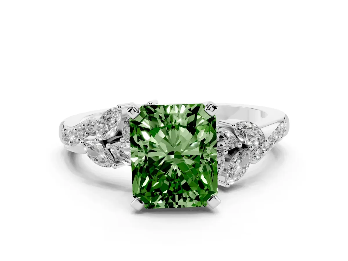 Fancy Green Radiant Cut Solitaire Marquise Twist Band with Six-Prong Setting Silver
