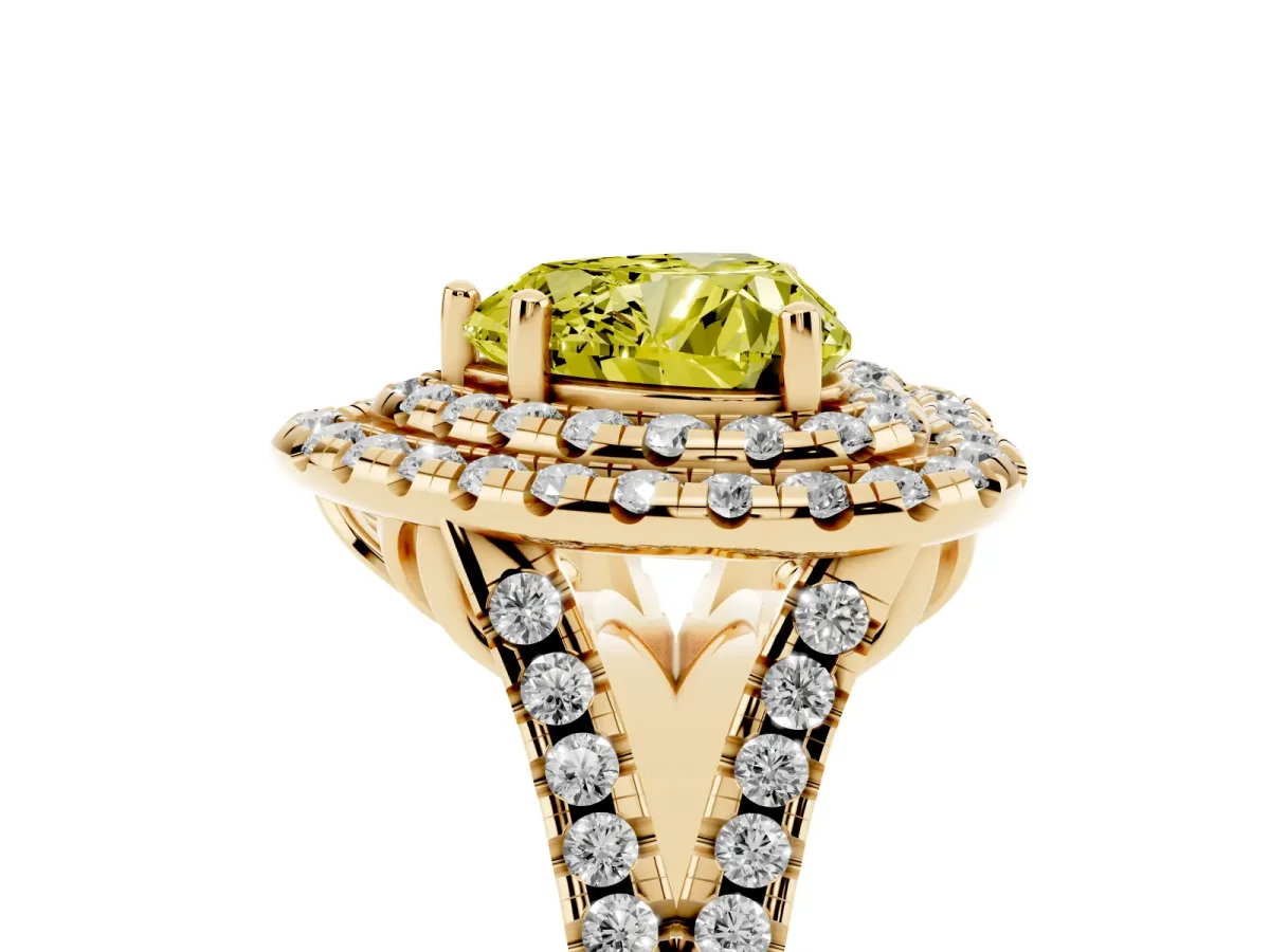 Fancy Yellow Double Halo Heart Cut Diamond Pavé Split Shank Ring with Prong Setting Yellow gold