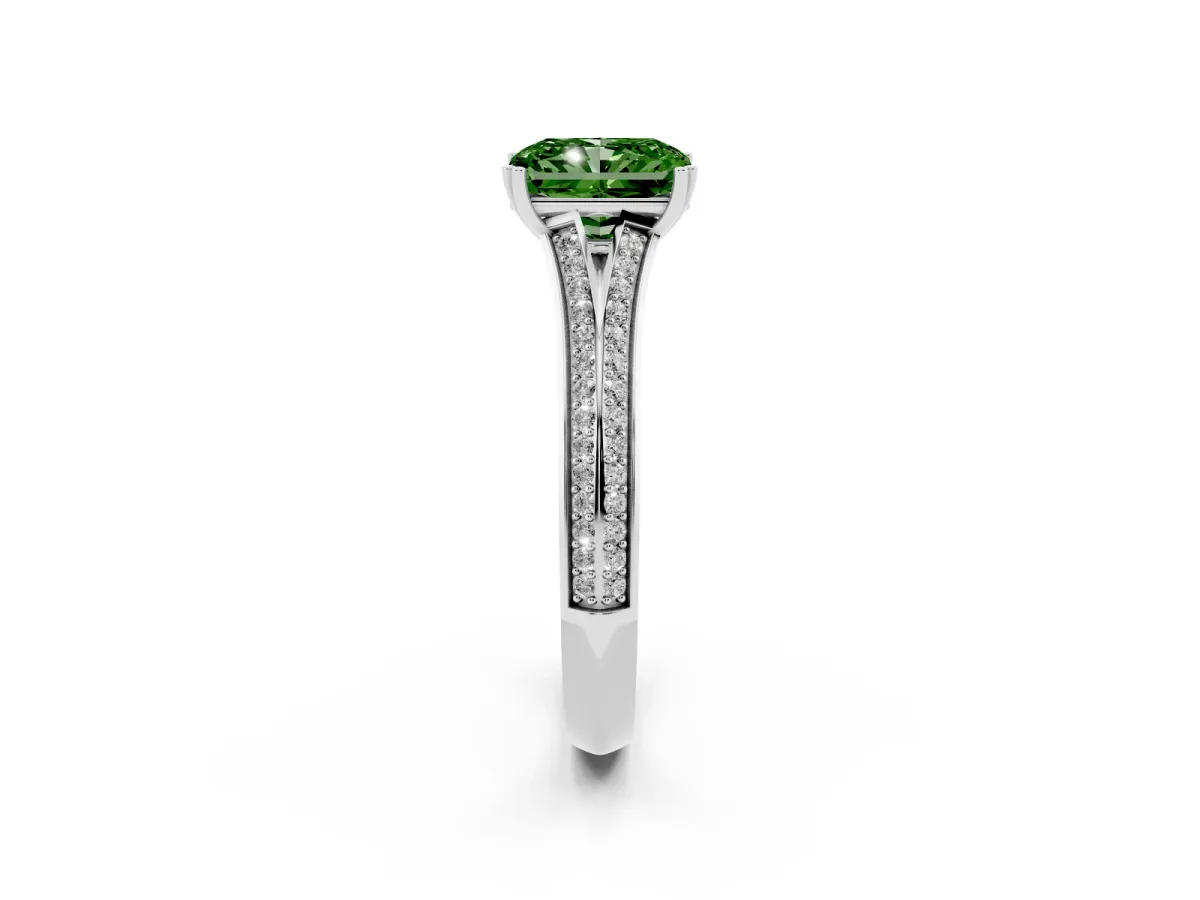Fancy Green Radiant Cut Diamond Split Shank Engagement Ring with Pavé Band Silver