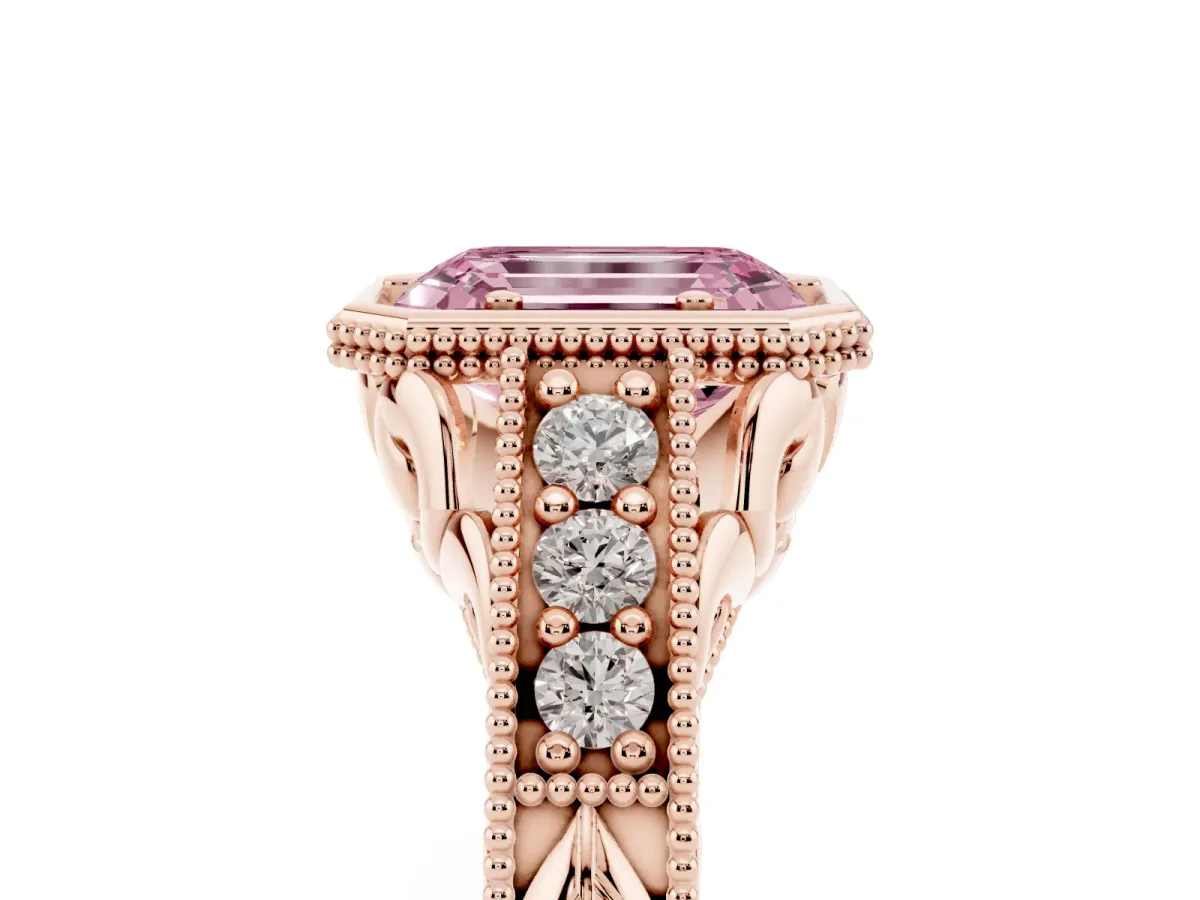 Fancy Pink Bezel Set Emerald Cut Diamond Milgrain Pave Engagement Ring Rose gold