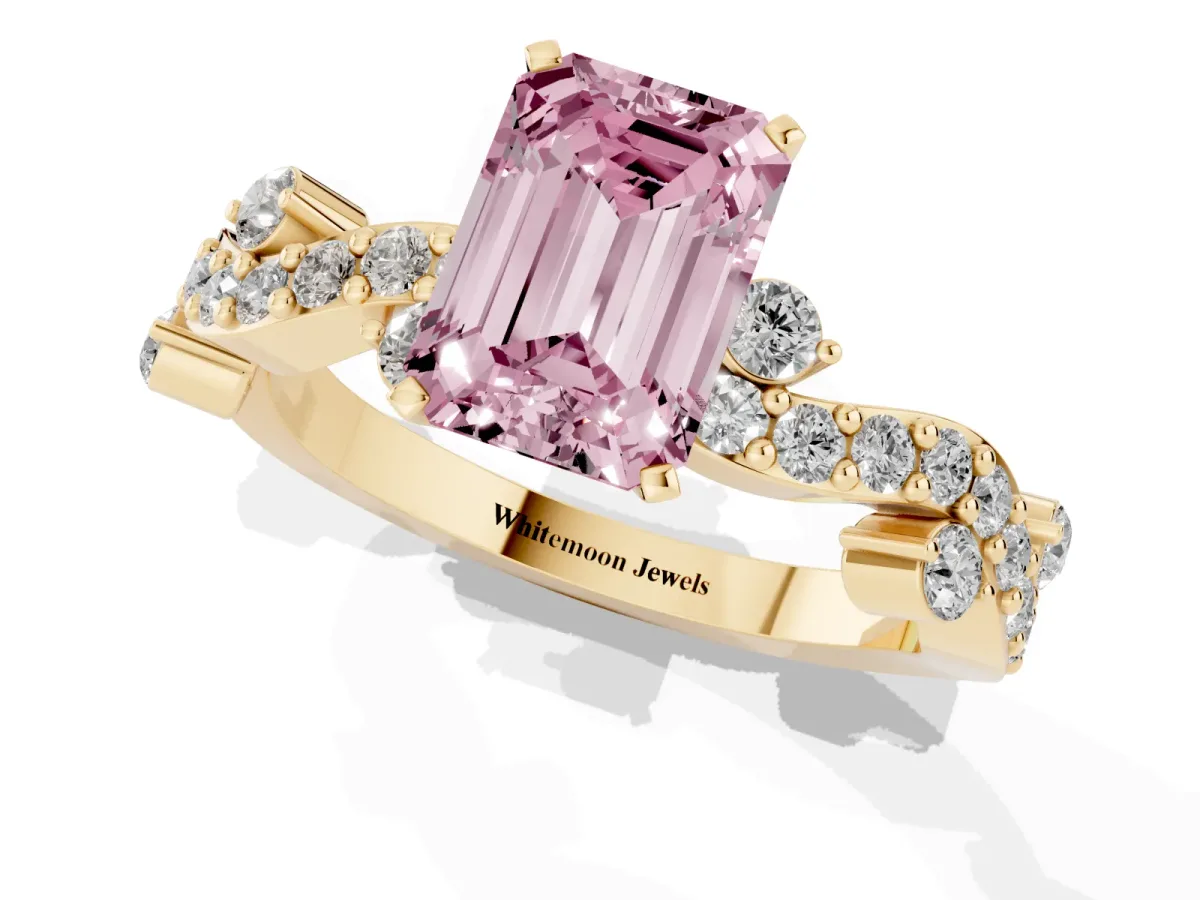 Fancy Pink Emerald Cut Cut Solitaire Diamond Twisted Band with Pave Setting Yellow gold