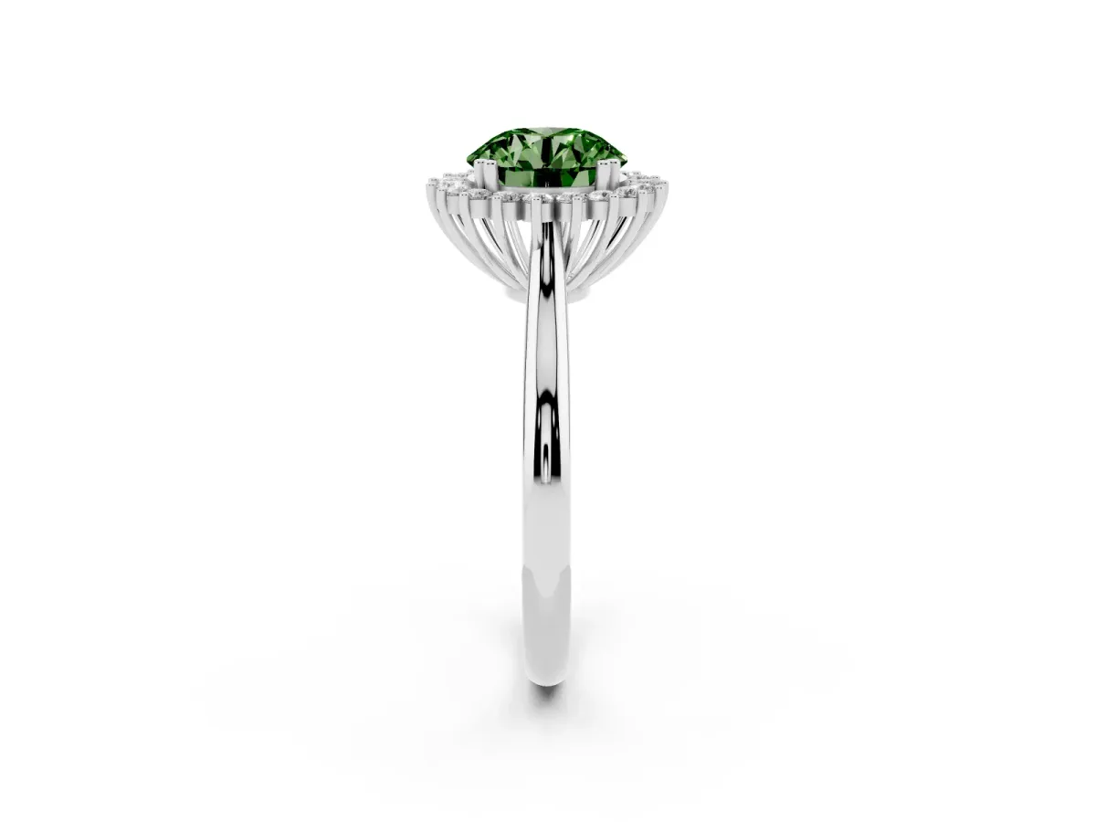 Fancy Green Round Cut Cut Diamond Halo Ring with Solitaire Band and Prong Setting Silver