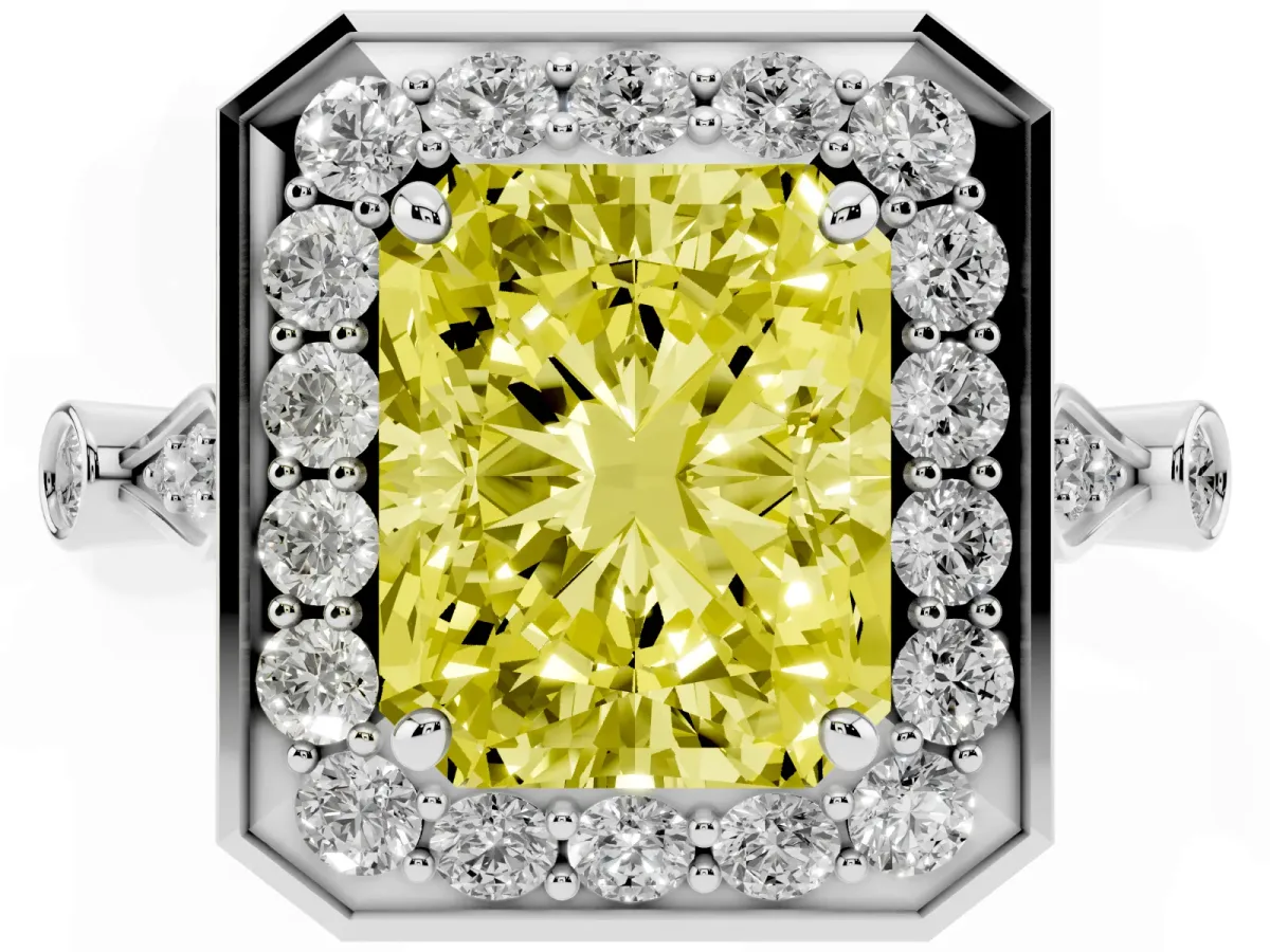 Fancy Yellow Radiant Cut Halo Diamond Engagement Ring with Twisted Band and Four-Prong Setting White gold