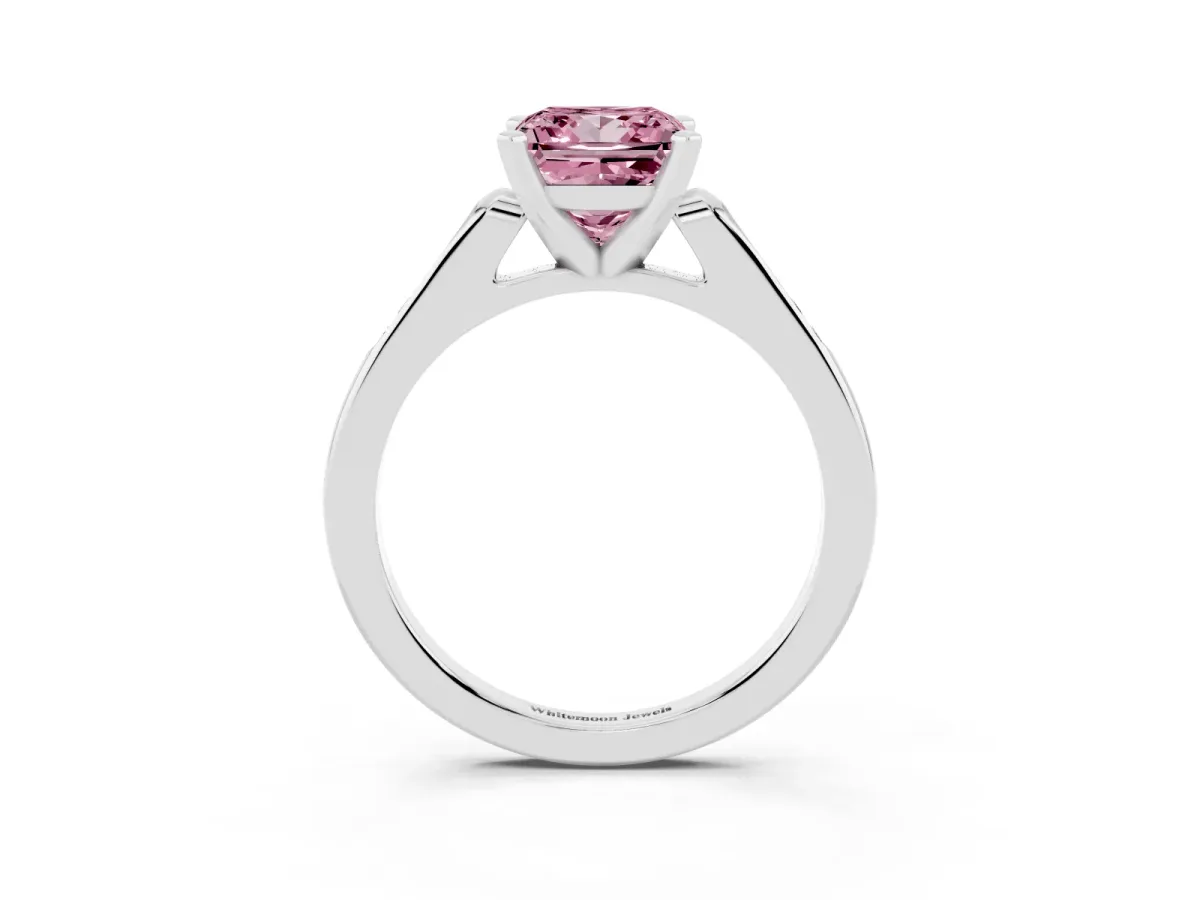 Fancy Pink Princess Cut Diamond Solitaire Ring with Channel Set Round Band and Prong Setting White gold