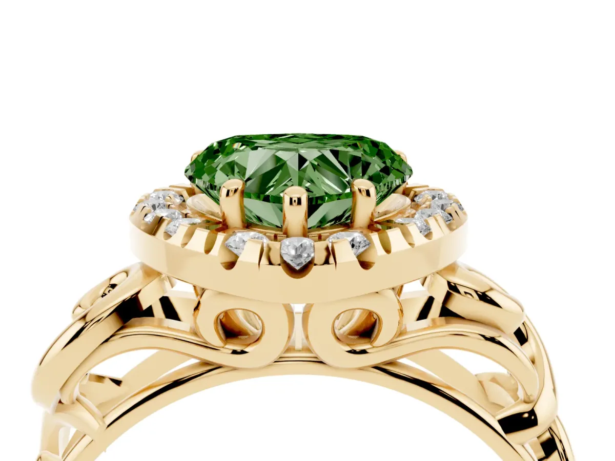 Fancy Green Heart Cut Cut Halo Diamond Ring with Scrollwork Band and Four-Prong Setting Yellow gold