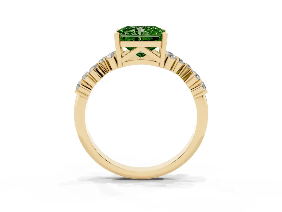 Fancy Green Radiant Cut Diamond Scattered Round Accent Ring with Prong Setting Yellow gold