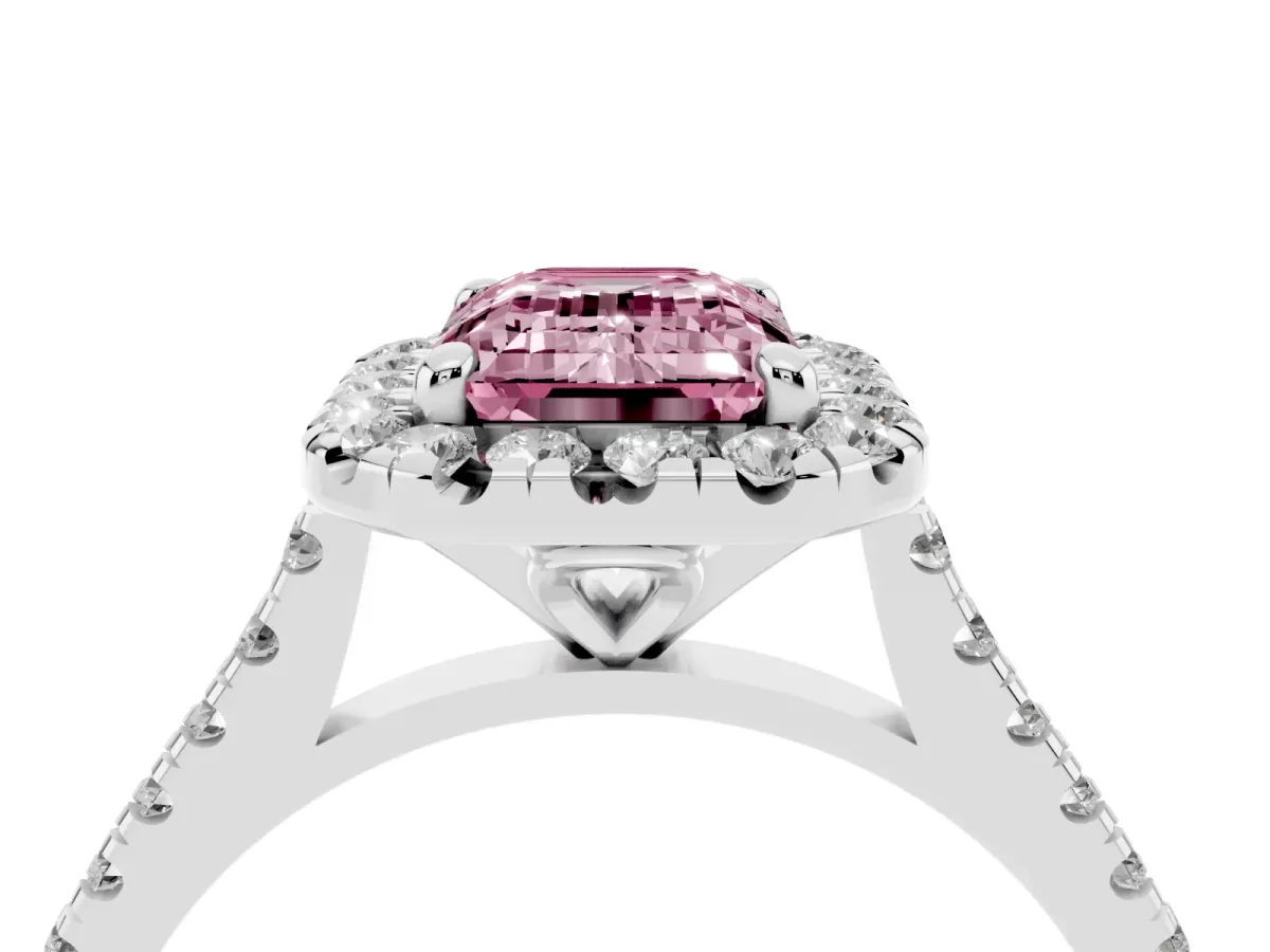 Fancy Pink Emerald Cut Diamond Cushion Halo Ring with Pavé Band Silver