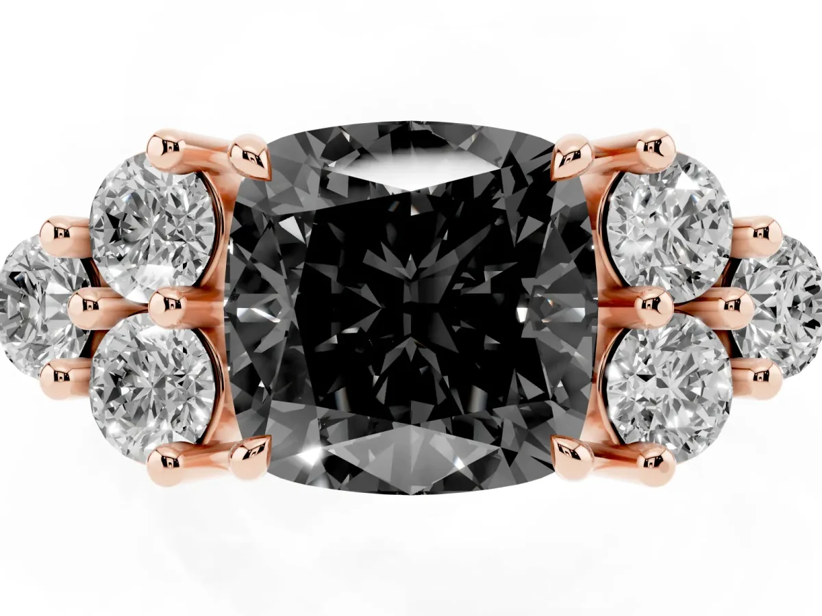Fancy Black Cushion Cut Brilliant Diamond Cluster Accent Solitaire Ring with Prong Setting Rose gold