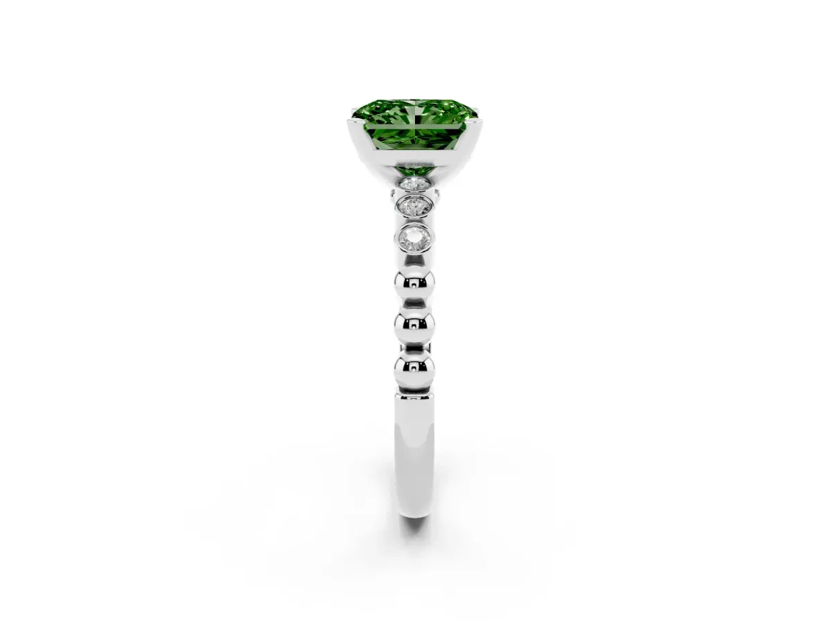 Fancy Green Radiant Cut Solitaire Bezel Accent Diamond Engagement Ring with Beaded Band and Four-Prong Setting Silver