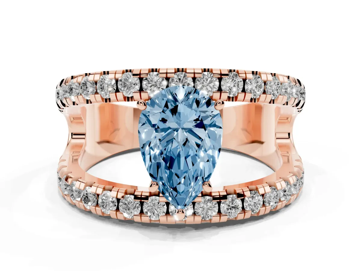Fancy Blue Pear Cut Solitaire Split Shank Pave Diamond Ring Rose gold