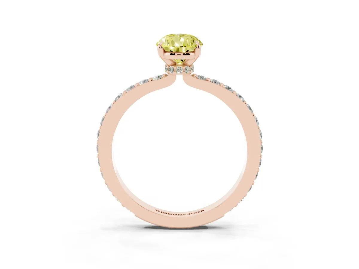 Fancy Yellow Pear Cut Diamond Pavé Engagement Ring with Round Accents and Prong Setting Rose gold