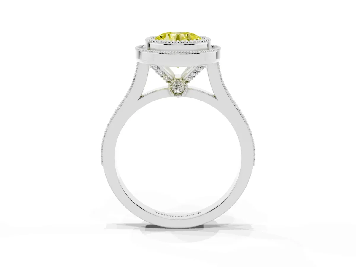 Fancy Yellow Round Cut Diamond Halo Ring with Milgrain Frame and Pavé Band Silver