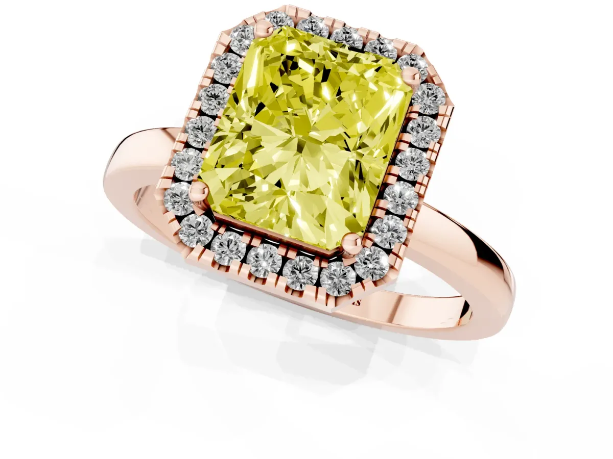 Fancy Yellow Radiant Cut Halo Diamond Solitaire with Pavé Band and Four-Prong Setting Rose gold