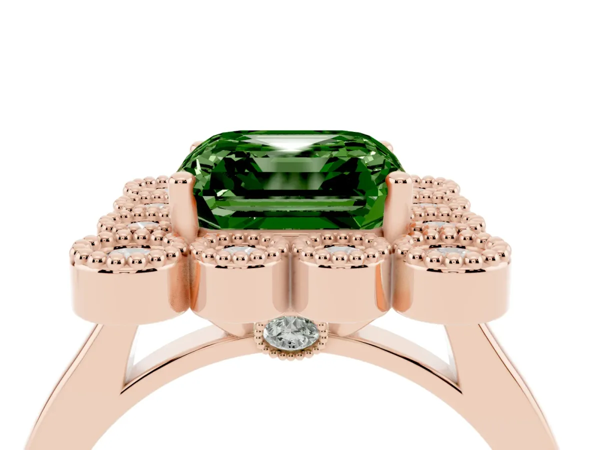 Fancy Green Asscher Cut Halo Diamond Cluster Engagement Ring with Milgrain Bezel Setting and Solitaire Band Rose gold