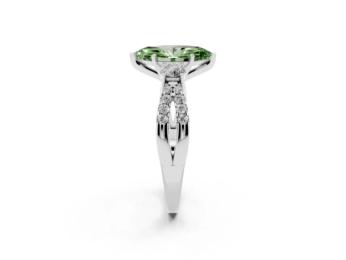 Fancy Green Marquise Cut Diamond Three-Stone Ring with Pavé Split Shank and Four-Prong Setting Silver