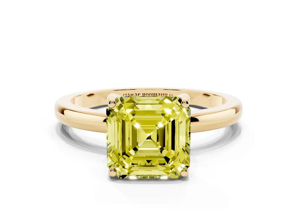 Fancy Yellow Asscher Cut Solitaire Diamond Ring with Prong Setting and Plain Band Yellow gold
