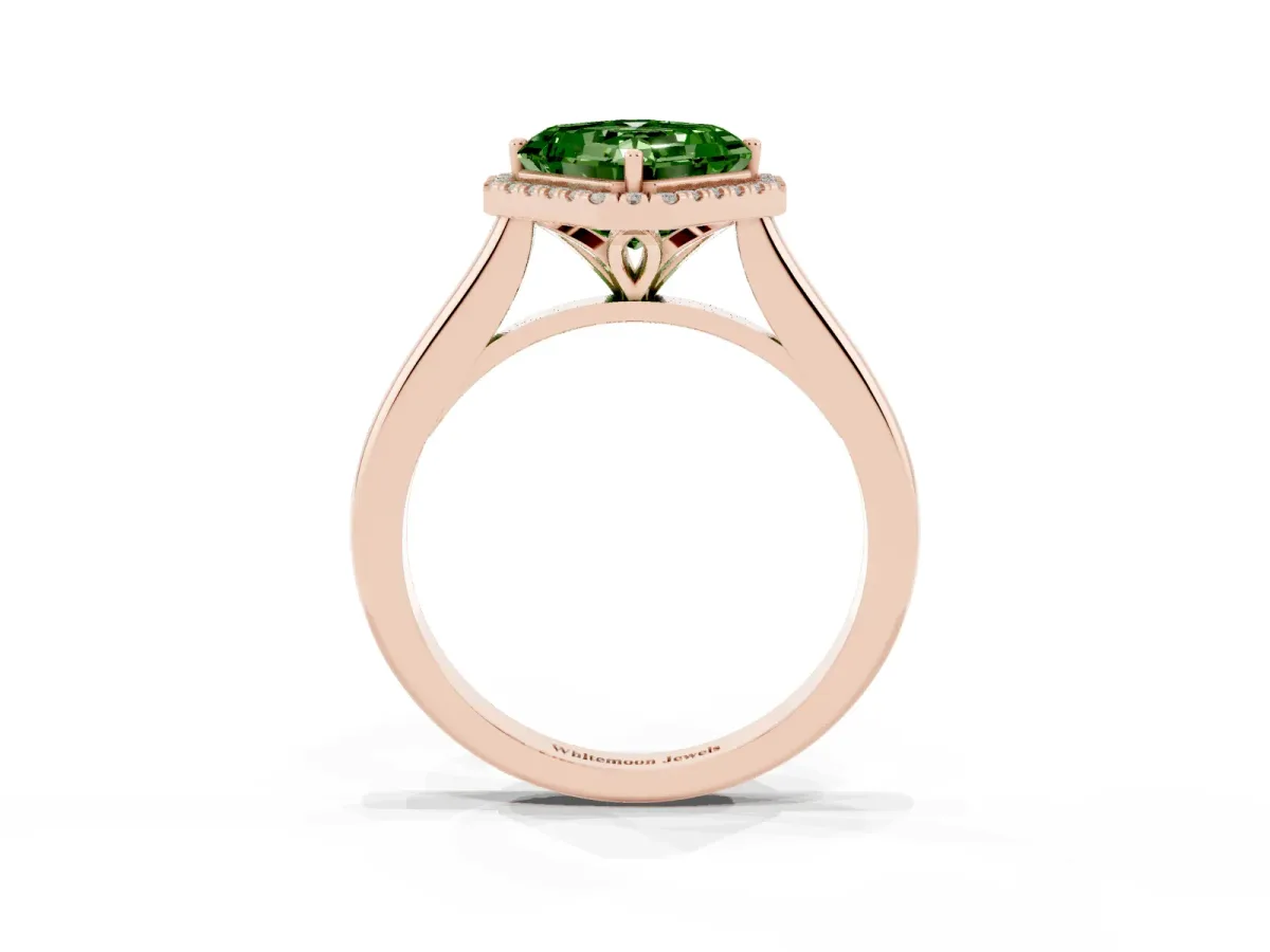 Fancy Green Asscher Cut Halo Round Diamond Solitaire Engagement Ring with Pave Band and Four-Prong Setting Rose gold