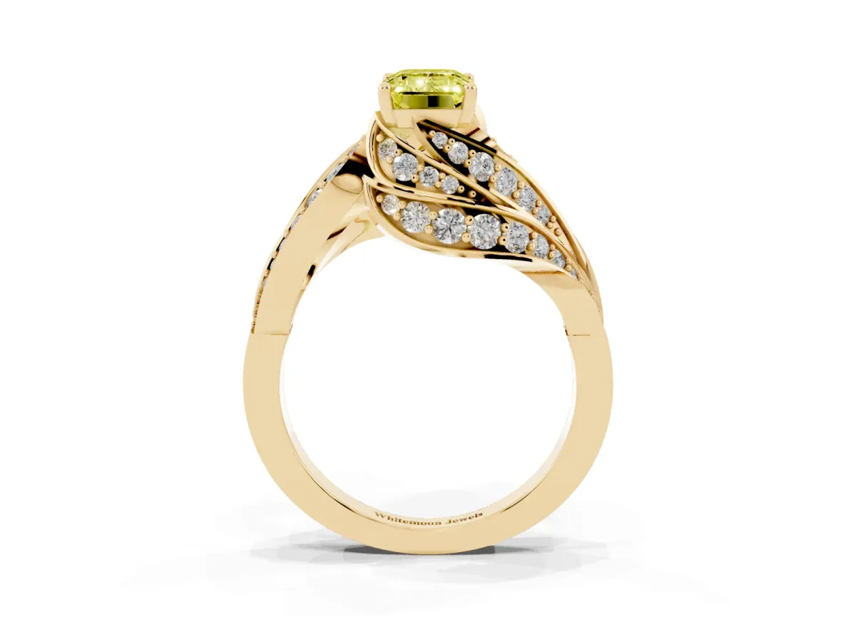 Fancy Yellow Emerald Cut Diamond Solitaire Ring with Prong Setting and Twisted Pavé Band Yellow gold