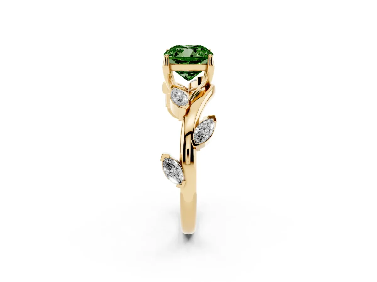 Fancy Green Cushion Cut Solitaire Twisted Band Marquise Accent Prong Setting Ring Yellow gold