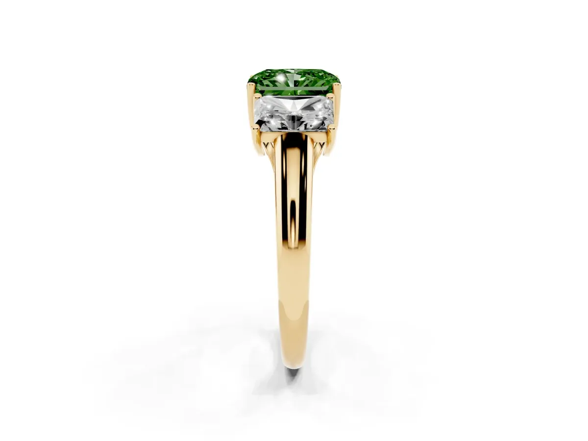 Fancy Green Three-Stone Radiant Cut Diamond Engagement Ring with Prong Setting Yellow gold