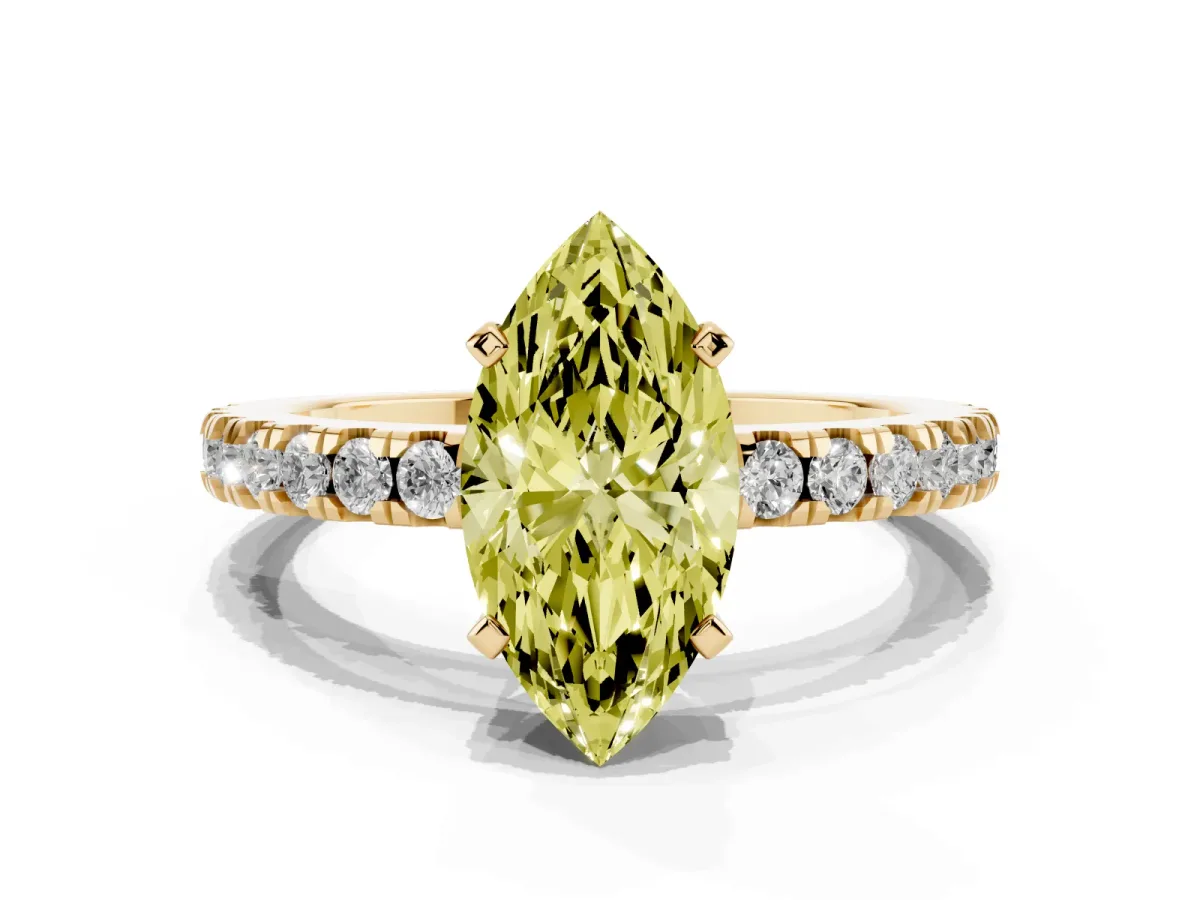 Fancy Yellow Marquise Cut Solitaire Diamond with Pavé Band and Four-Prong Setting Yellow gold