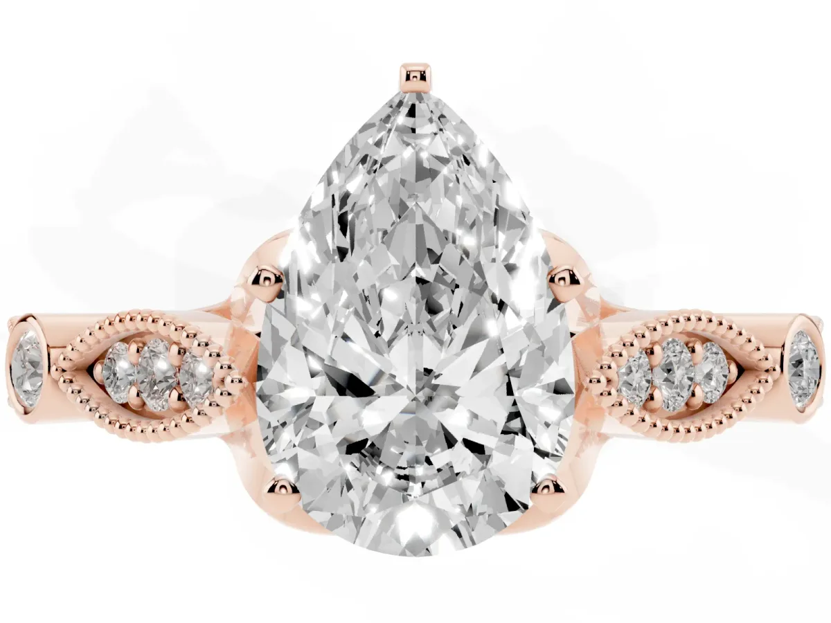 Pear Cut Cut Diamond with Milgrain Marquise and Bezel Accents on a Solitaire Band with Prong Setting Rose gold