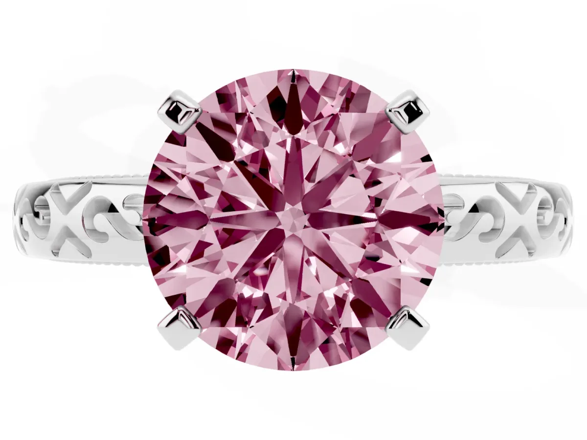 Fancy Pink Round Cut Solitaire Engagement Ring with Scrollwork Band and Four-Prong Setting Silver