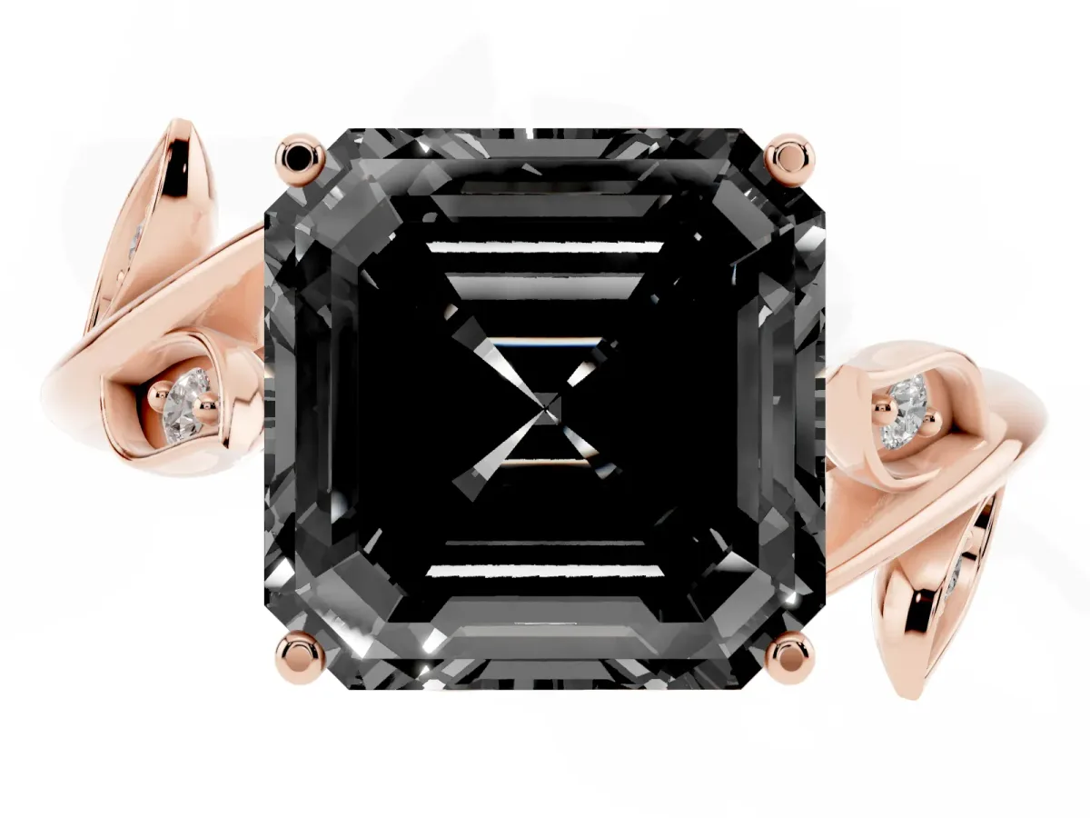 Fancy Black Asscher Cut Solitaire Twist Engagement Ring with Leaf Accents and Prong Setting Rose gold