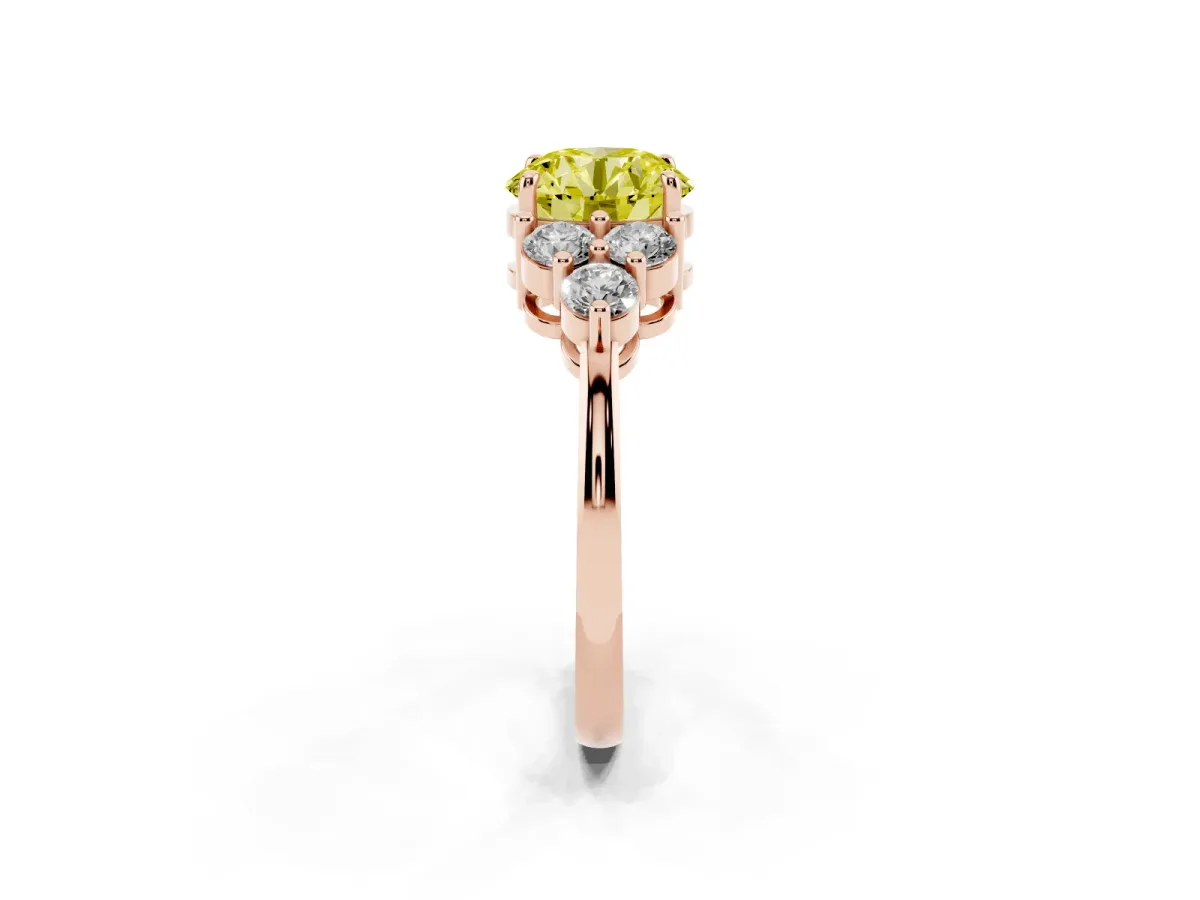 Fancy Yellow Round Cut Brilliant Diamond Cluster Accent Solitaire Ring with Prong Setting Rose gold