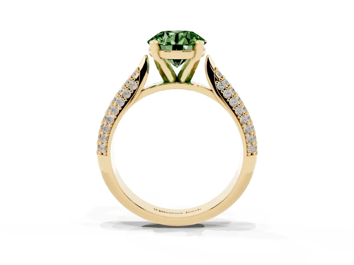 Fancy Green Round Cut Diamond Solitaire Engagement Ring with Multi-Row Round Pavé Band and Prong Setting Yellow gold