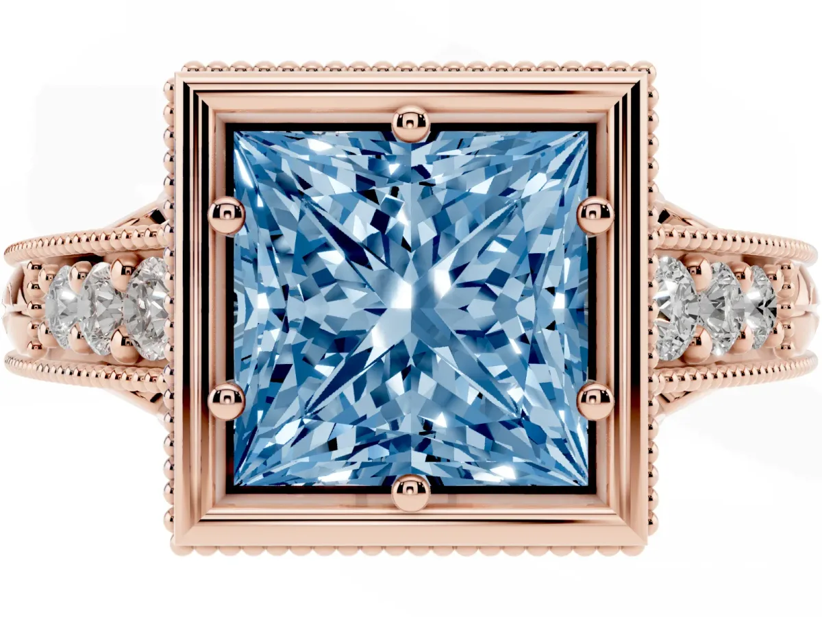 Fancy Blue Bezel Set Princess Cut Diamond Milgrain Pave Engagement Ring Rose gold