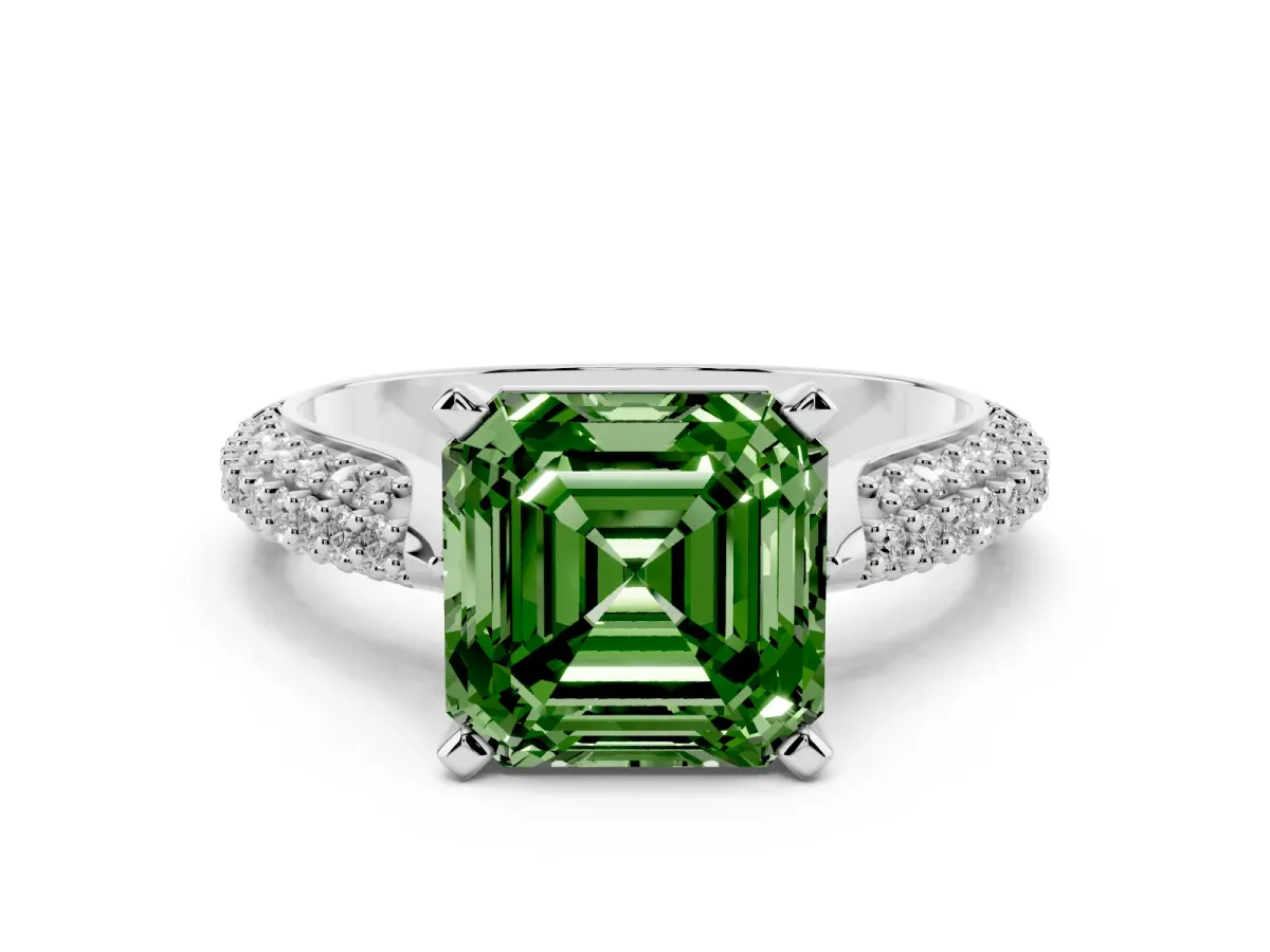 Fancy Green Asscher Cut Diamond Solitaire Engagement Ring with Multi-Row Round Pavé Band and Prong Setting Silver