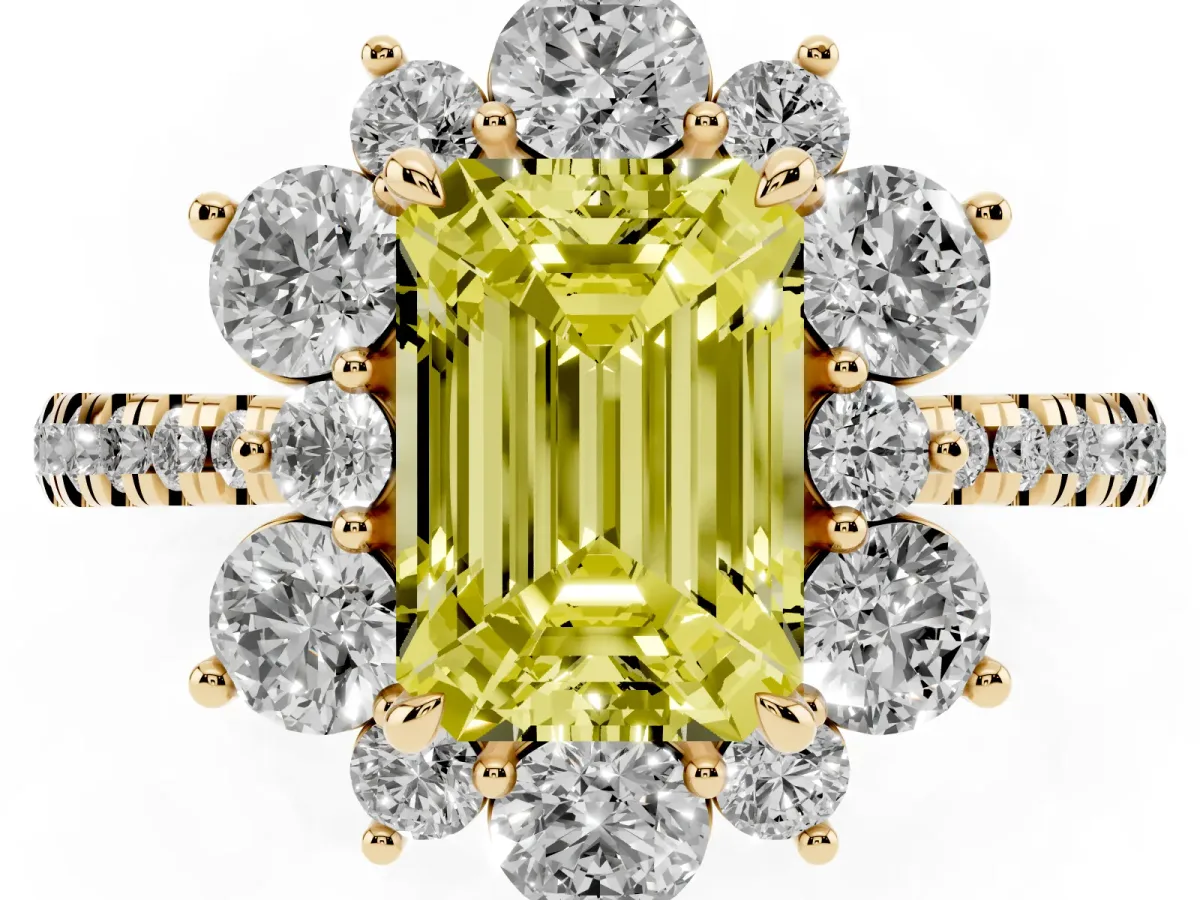 Fancy Yellow Emerald Cut Diamond Floral Halo Ring with Round Pavé Band and Prong Setting Yellow gold