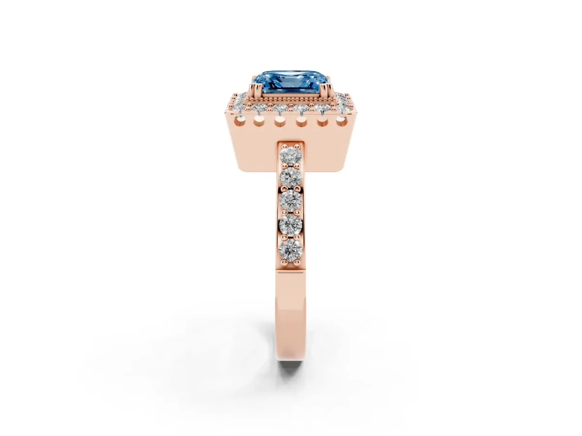 Fancy Blue Asscher Cut Diamond Halo Ring with Pavé Band and Prong Setting Rose gold