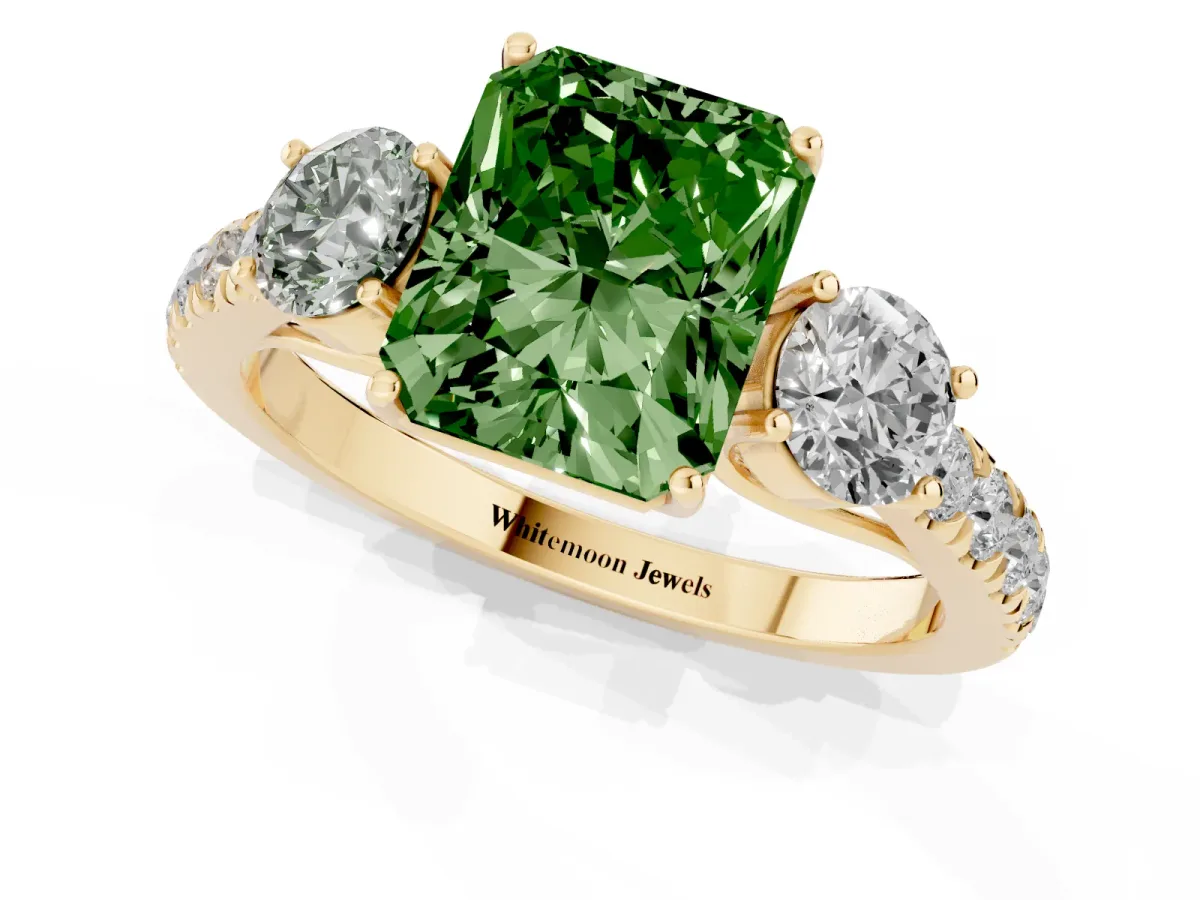 Fancy Green Radiant Cut Cut Diamond Three-Stone Ring with Round Side Stones and Pavé Band Yellow gold