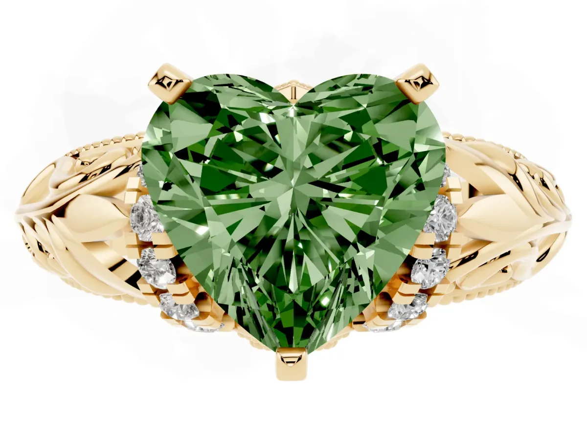 Fancy Green Heart Cut Solitaire Filigree Engagement Ring with Halo and Prong Setting Yellow gold