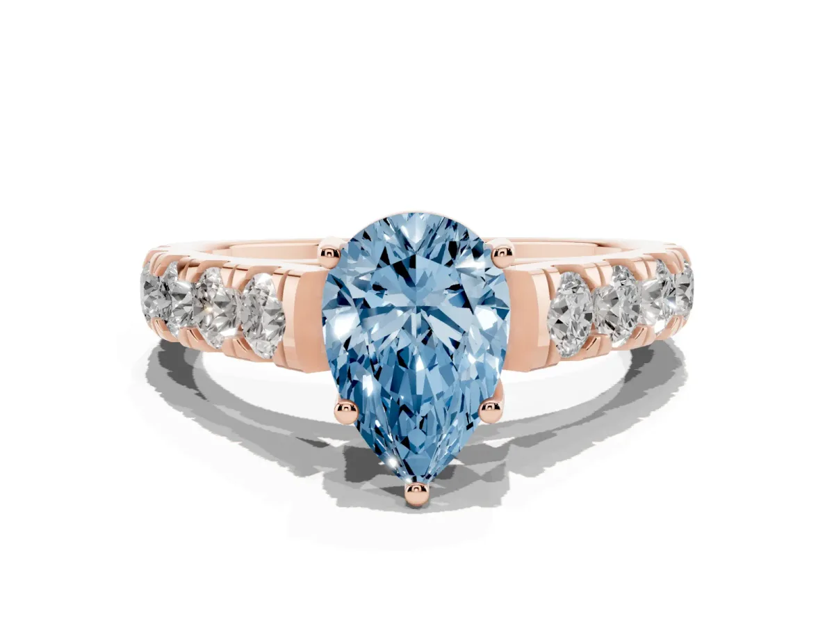 Fancy Blue Pear Cut Cut Diamond Solitaire Ring with Micro Pave Band and Prong Setting Rose gold