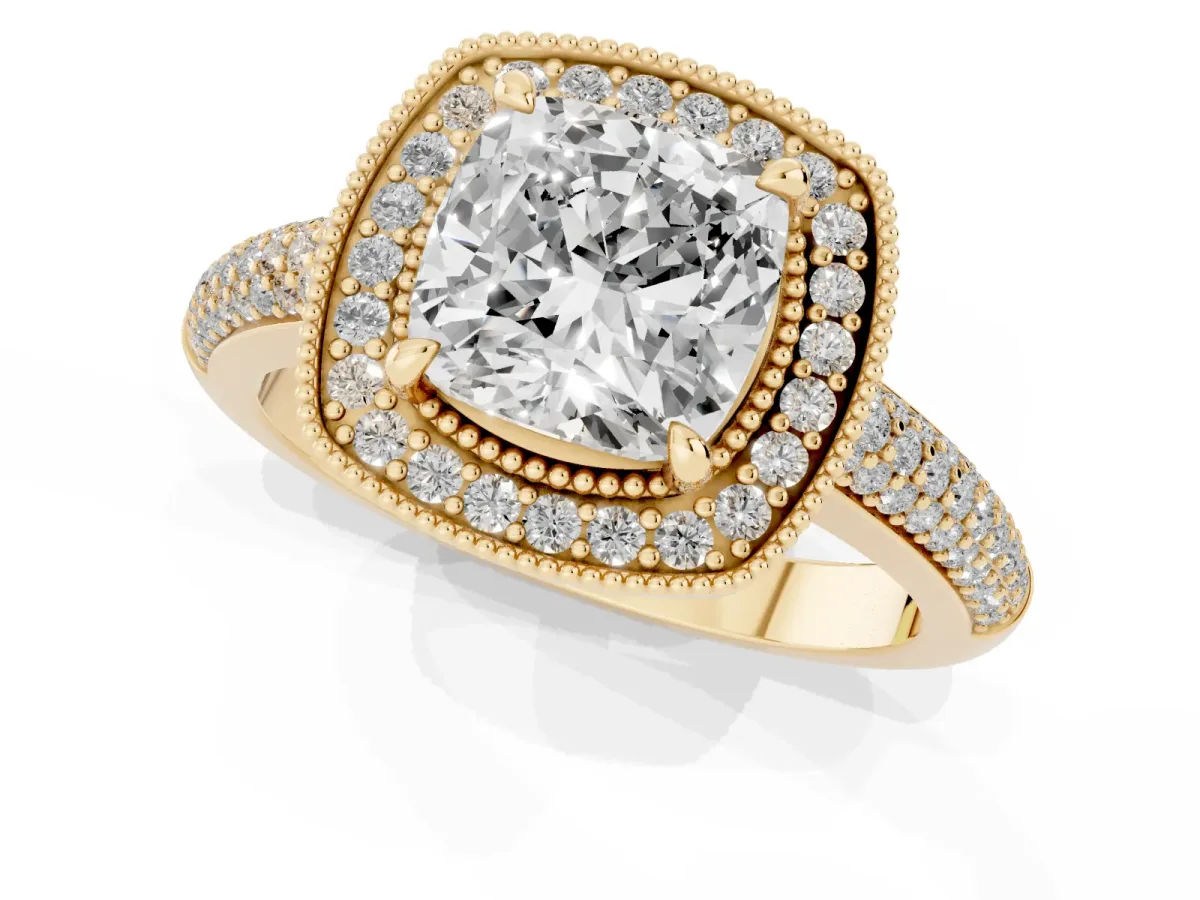 Cushion Cut Cut Halo Diamond Pave Band with Four-Prong Setting Yellow gold